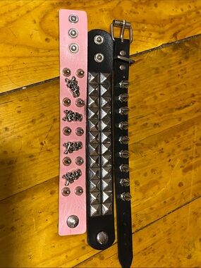 Studded Pink and Black Leather Bracelet Set